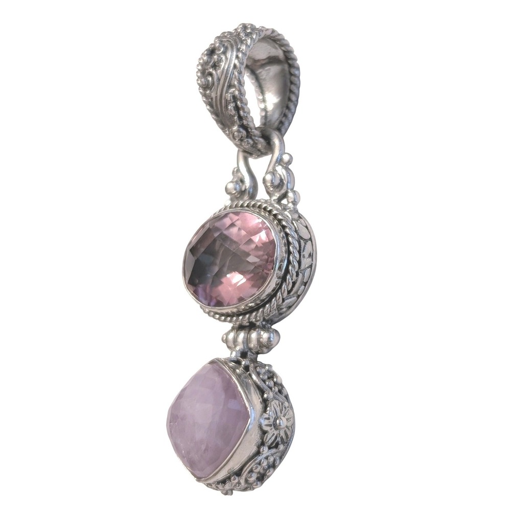 Sarda Sterling Silver Pink Quartz & Rose De France Balinese Style Pendant Ornate - Picture 3 of 8